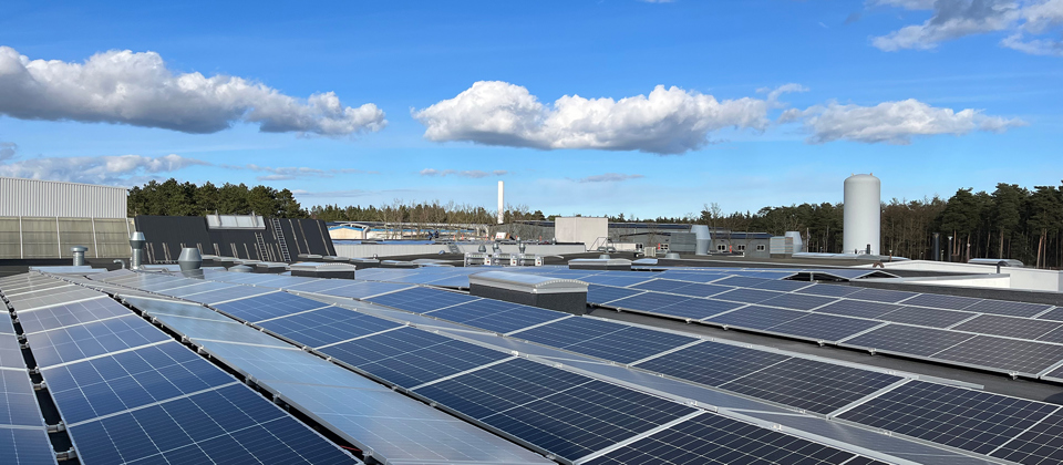 Solar panels on the roof of the Terma production facility in Grenaa.