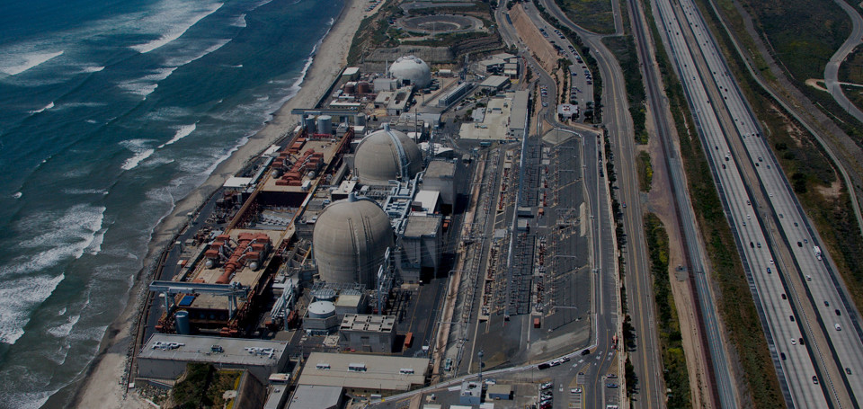 Aerial of nuclear power plant on California coast.