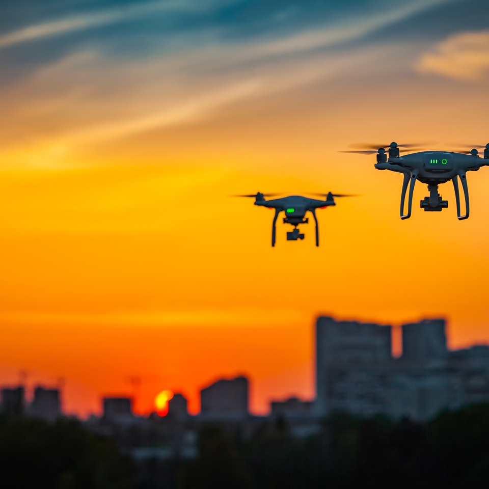 Drones in the air with a skyline in the background.