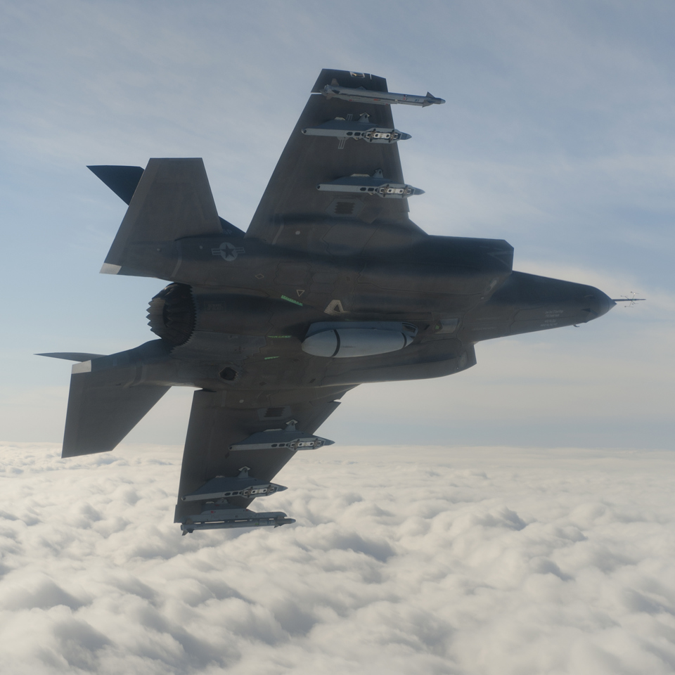 Lockheed Martin F-35 Lightning II fighter jet in the air.