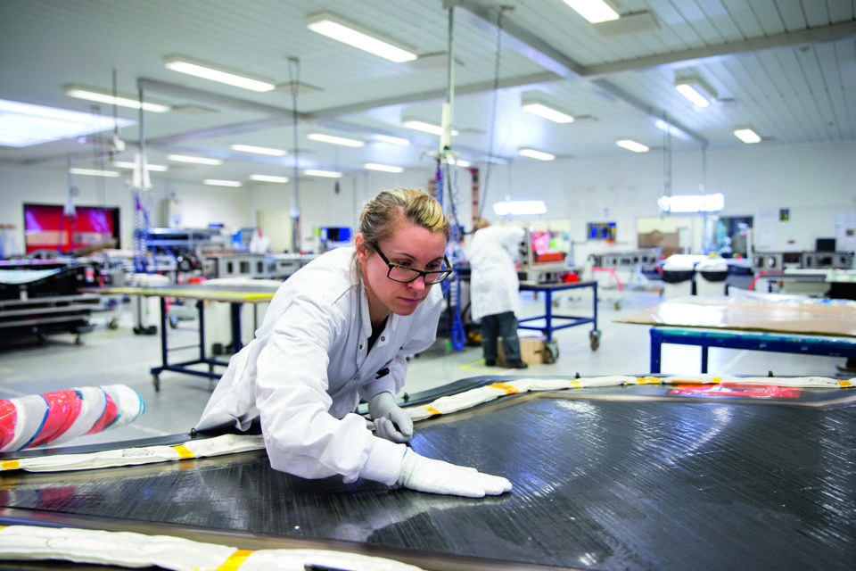Terma employee working on aerostructures manufacturing at Grenaa production facility.
