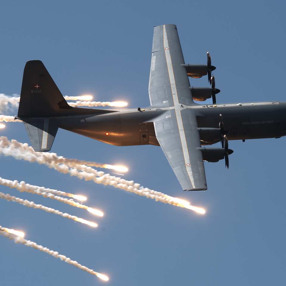 Danish C 130J Hercules ejecting flares overlay.