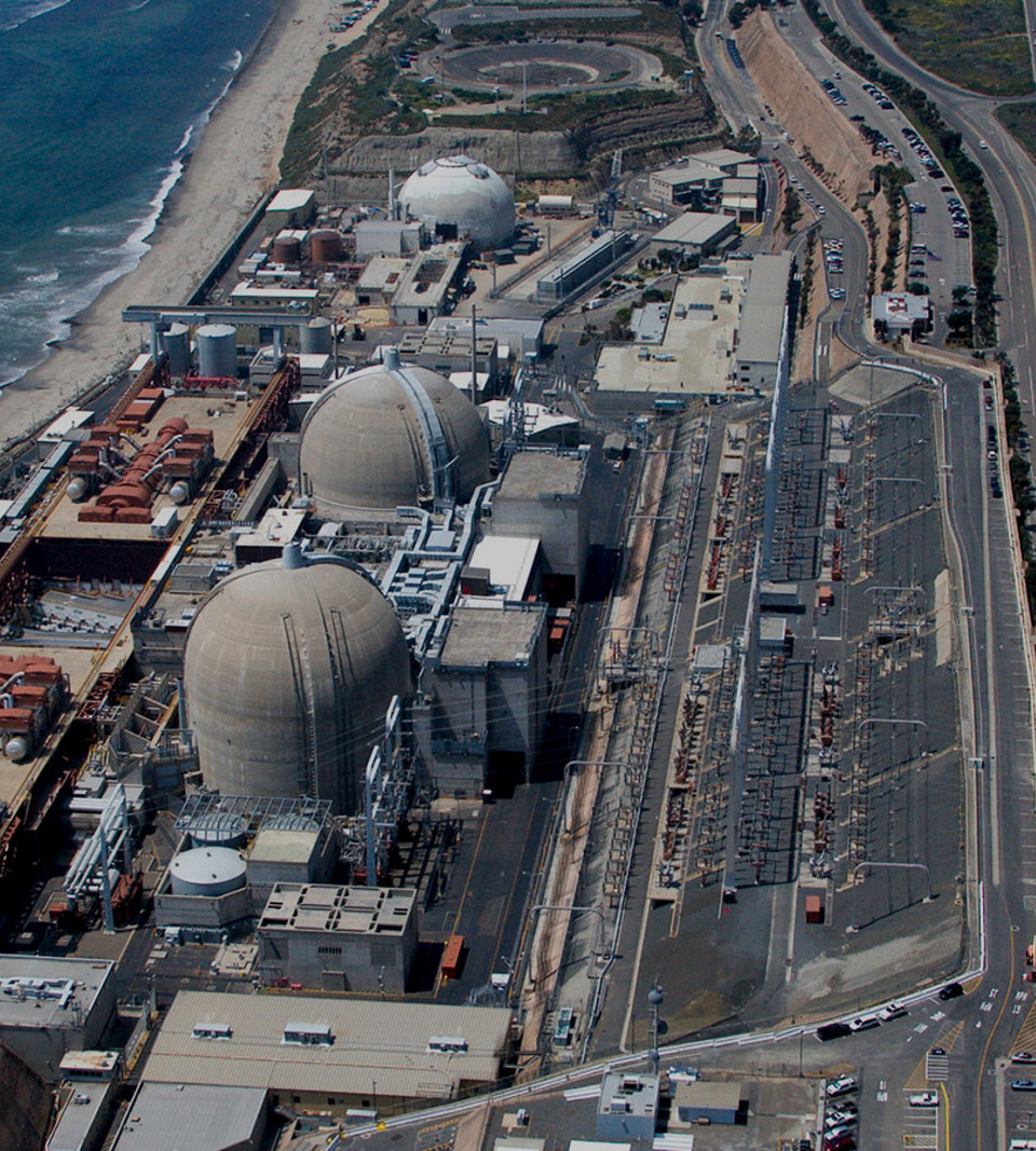 Aerial of nuclear power plant on California coast.