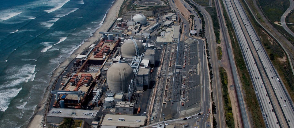 Aerial of nuclear power plant on California coast.