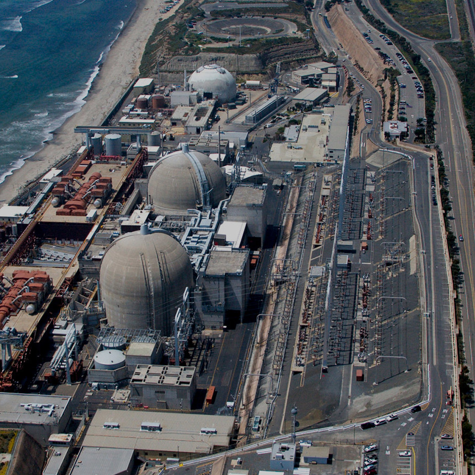 Aerial of nuclear power plant on California coast.