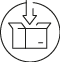 An open box with an arrow pointing downward into it, enclosed within a circle. Description generated by AI