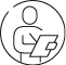A simple black line drawing of a person holding a clipboard or tablet inside a partially open circular frame. Description generated by AI