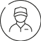 A simple black line drawing of a person wearing a cap and a collared shirt inside a partially open circular border. Description generated by AI