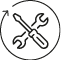 A crossed wrench and screwdriver inside a circular arrow indicating tools or maintenance. Description generated by AI