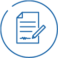 A blue line drawing of a document with text lines and a signature being signed by a pencil, all enclosed in a partially open circular border. Description generated by AI