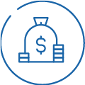 A blue line drawing of a money bag with a dollar sign in the center, flanked by stacks of coins, all enclosed within a broken circular border. Description generated by AI