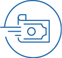 A stylized blue line drawing of a banknote with motion lines inside a partial circle, suggesting fast money transfer or payment. Description generated by AI