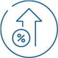 An upward arrow with a percentage symbol inside a circle, all enclosed by a partially drawn circular border, representing an increase in percentage. Description generated by AI