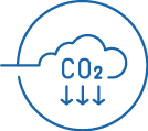 A blue line drawing of a cloud with the chemical formula CO2 inside and three downward arrows below it, all enclosed in a partial circle. Description generated by AI