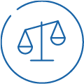 A blue line drawing of an unbalanced weighing scale inside a partially open circular border. Description generated by AI